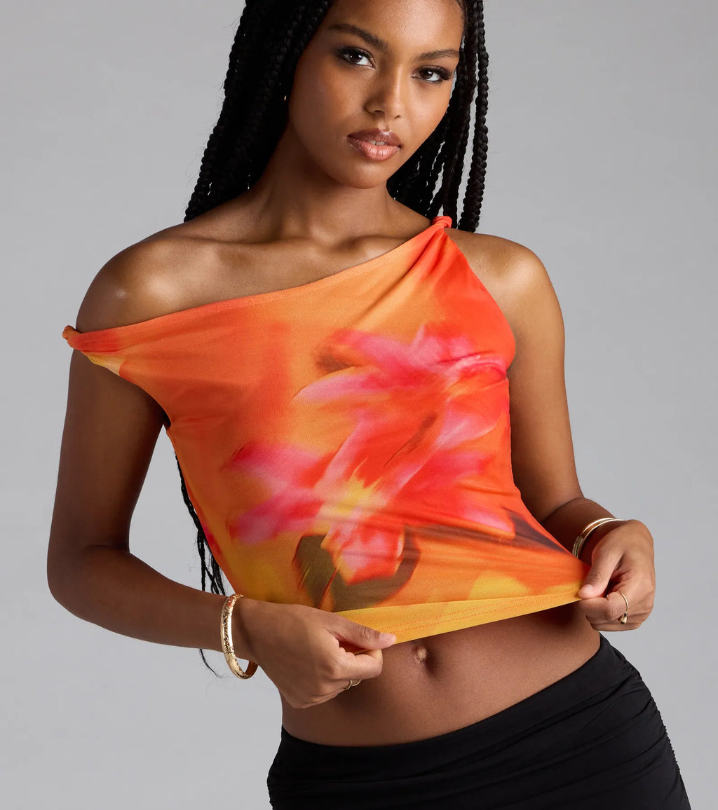 Raise The Heat Floral Mesh Off-Shoulder Top