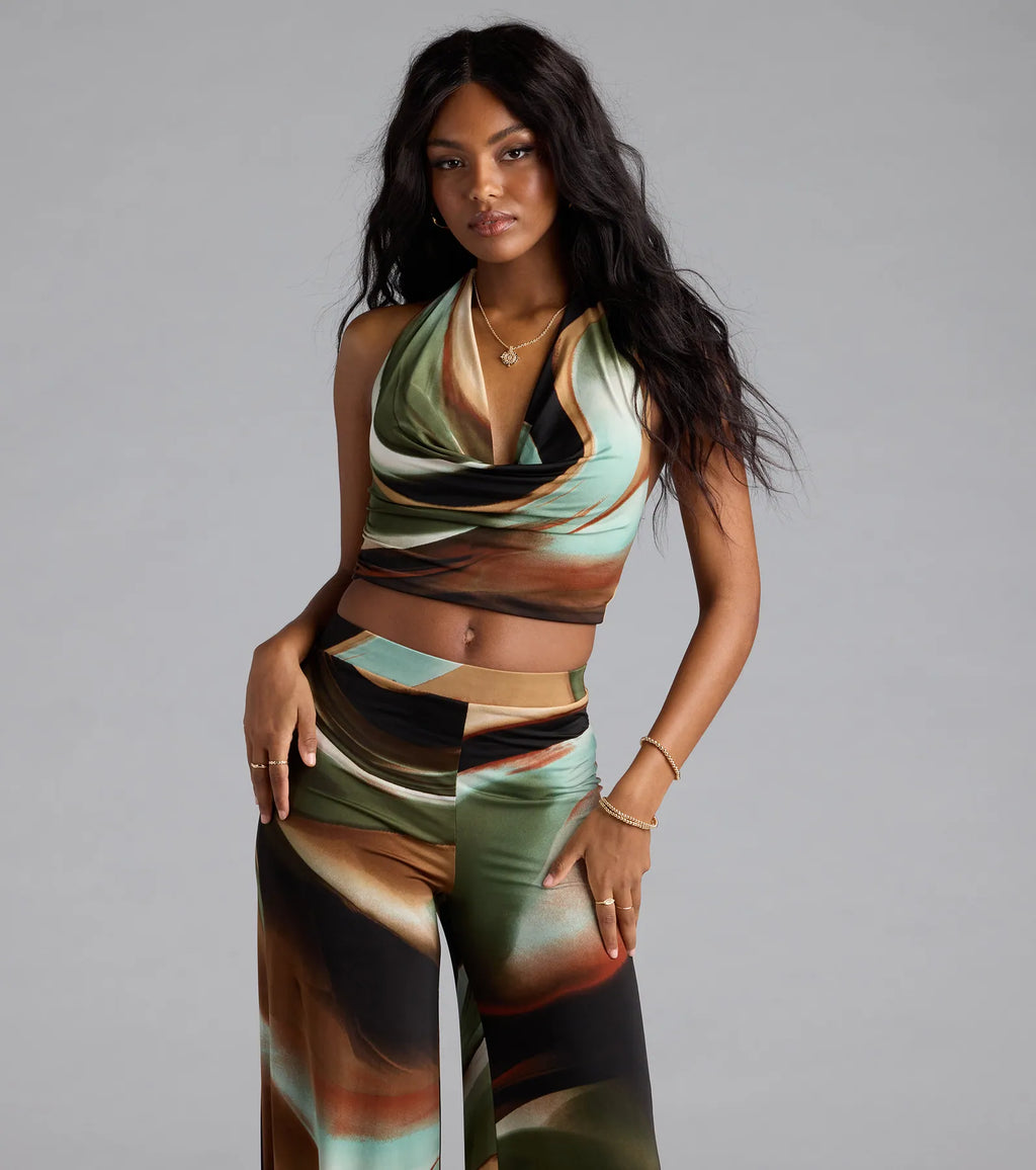 Sultry Effect Abstract Cowl Halter Crop Top