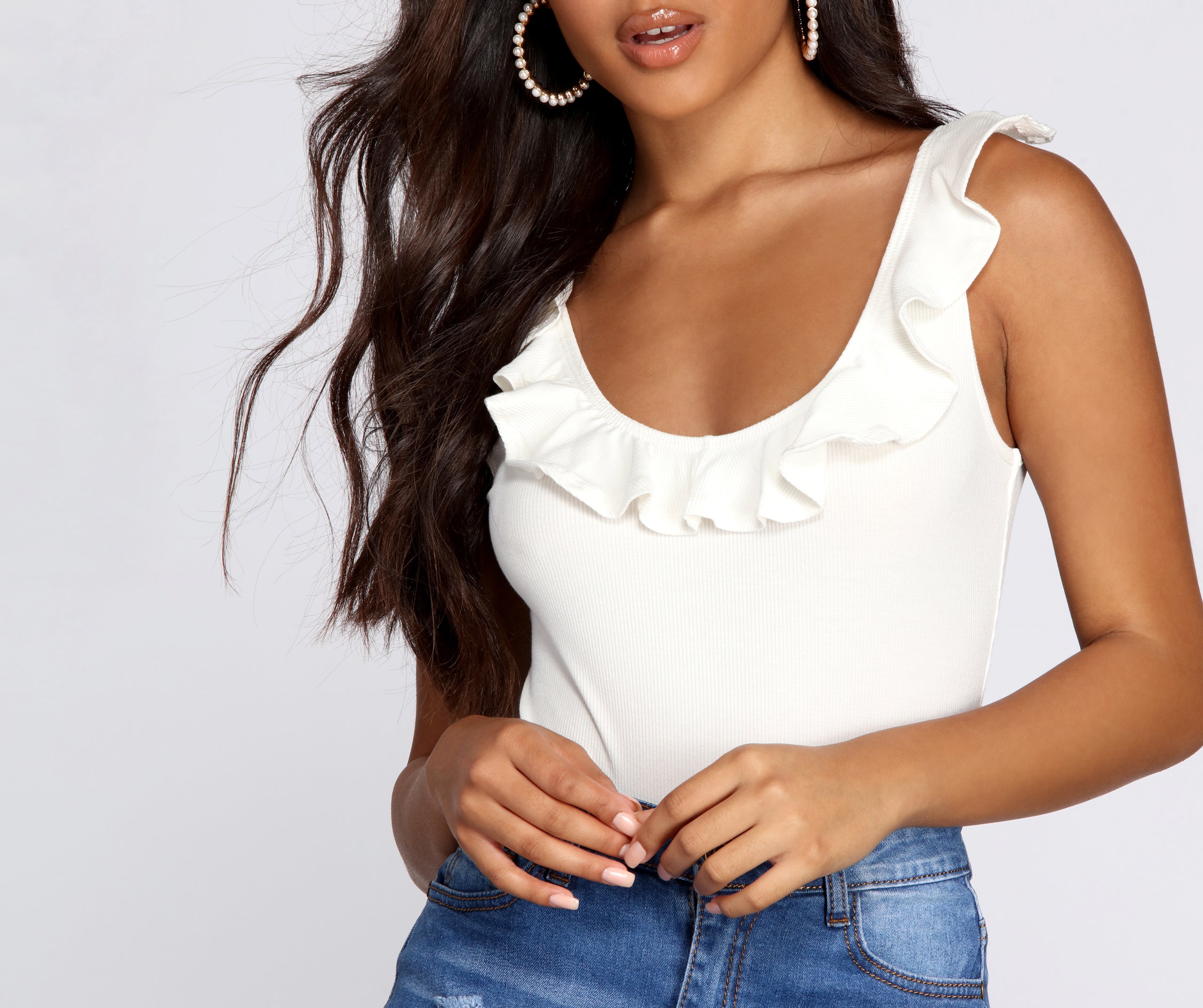 Ruffle Trim Ribbed Bodysuit