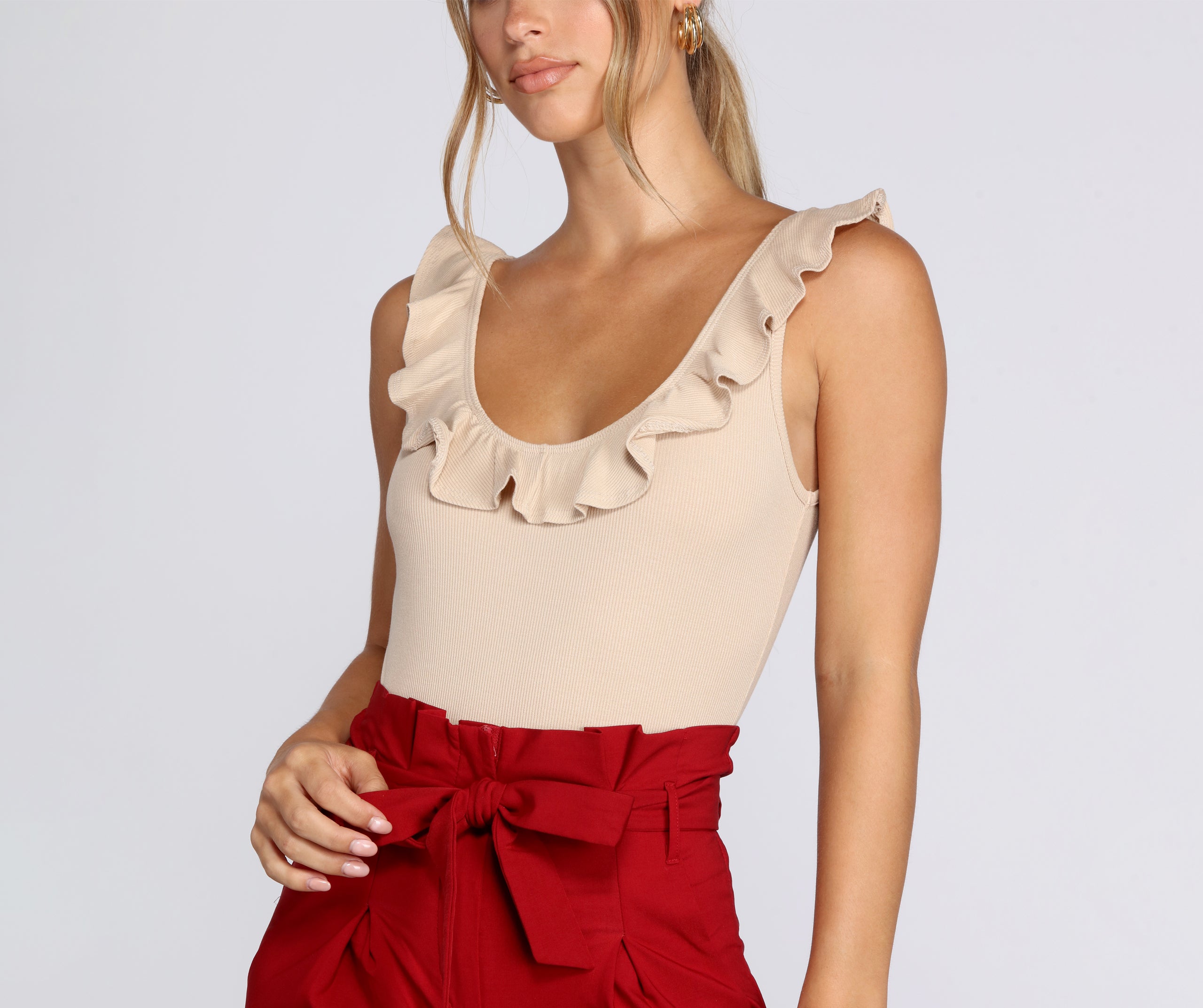 Ruffle Trim Ribbed Bodysuit