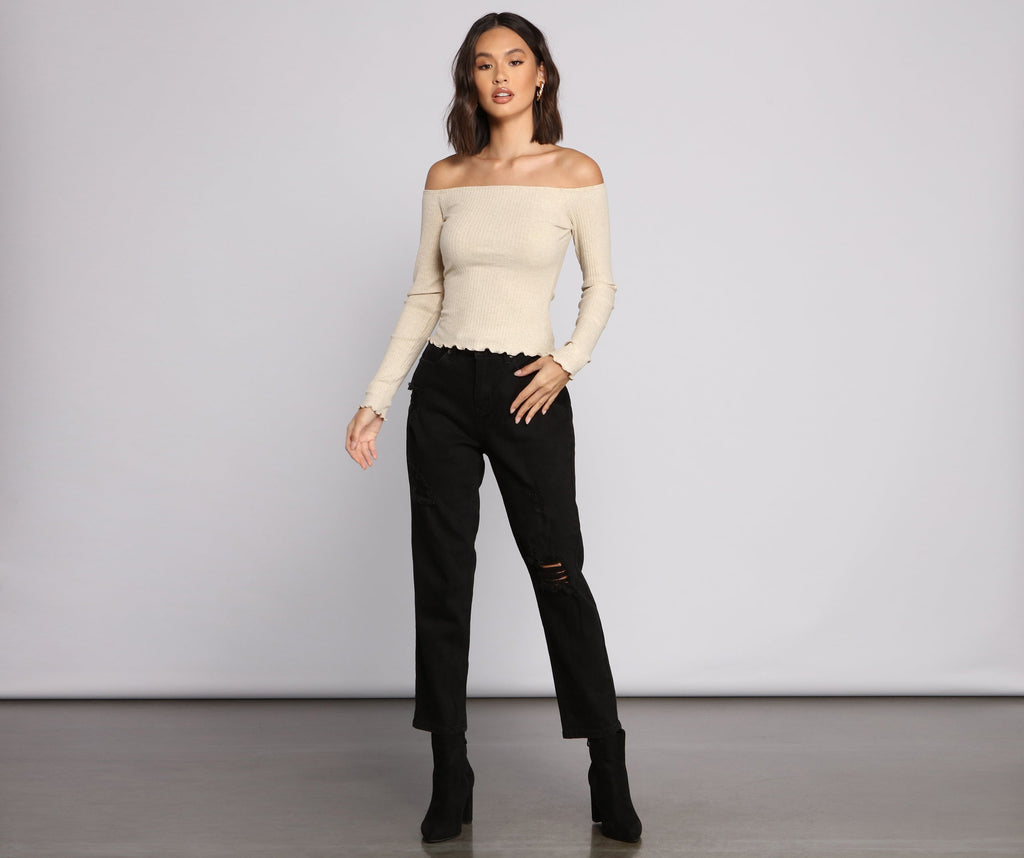 Off The Shoulder Long Sleeve Ribbed Knit Top
