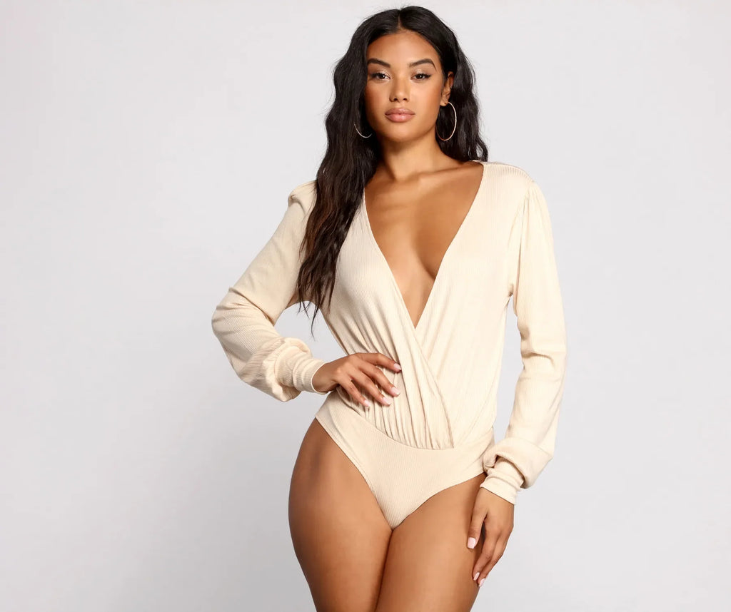 Sultry Deep V Neck Ribbed Bodysuit