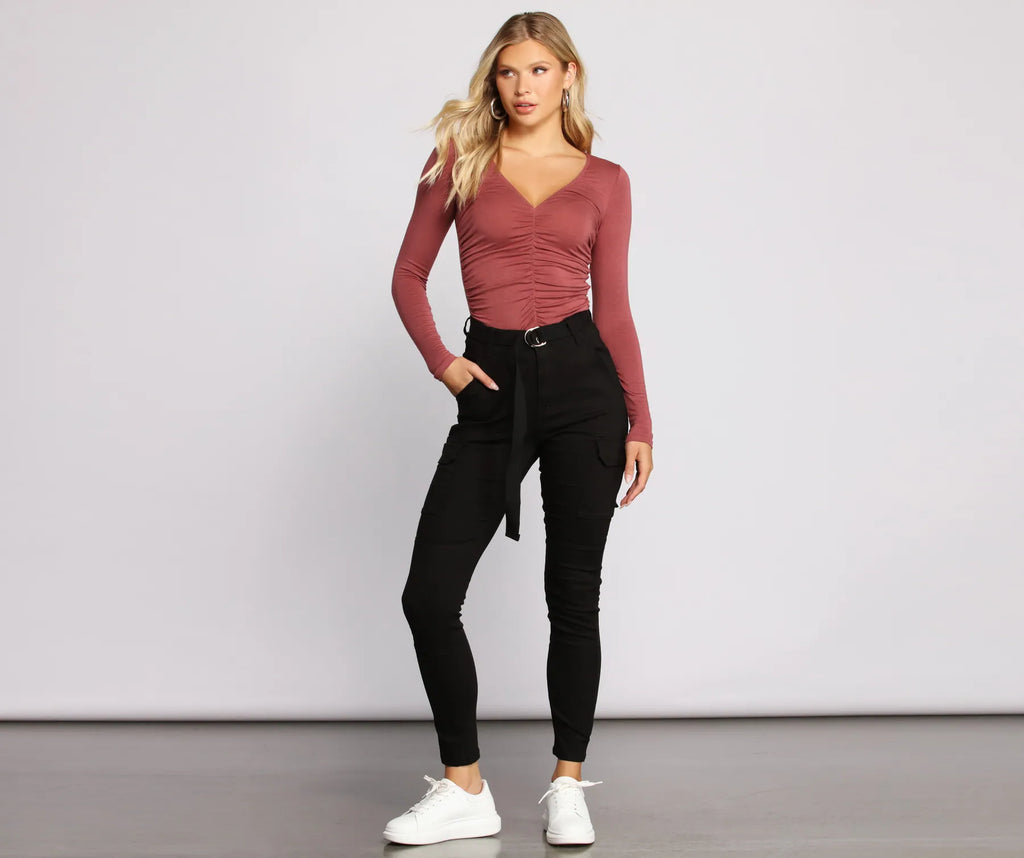 Ruched V Neck Jersey Knit Crop Top