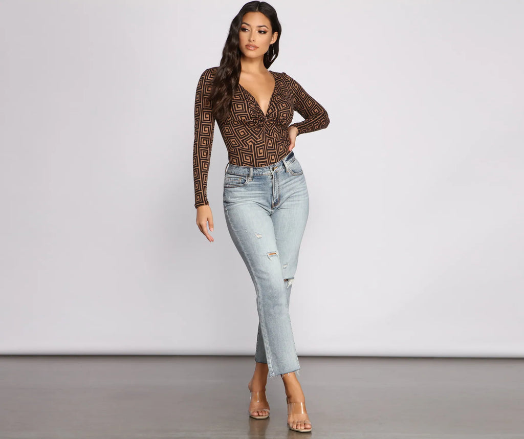 Greek Key Print Brushed Knit Bodysuit