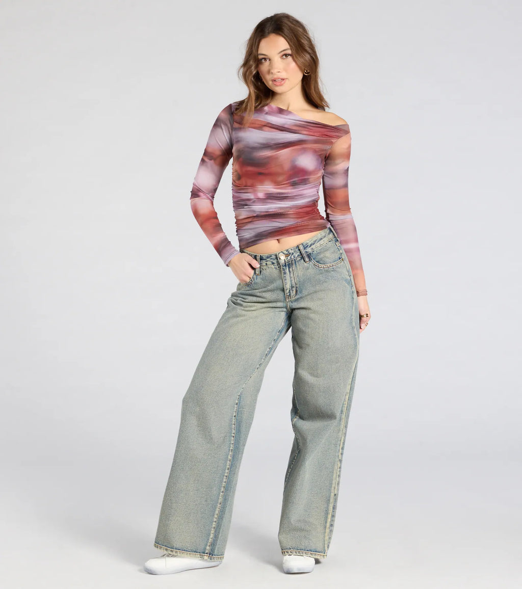 Wildly Chic Long Sleeve Abstract Print Crop Top