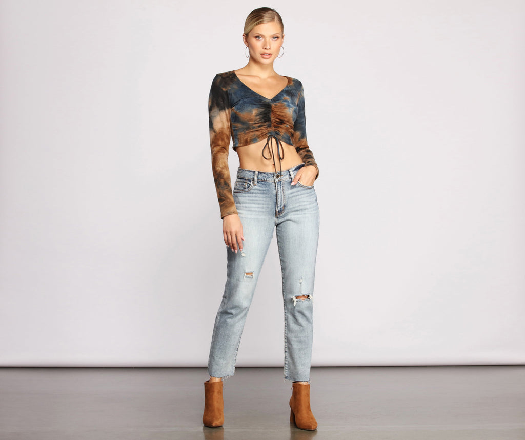 Trendy Tie Dye Drawstring Crop Top