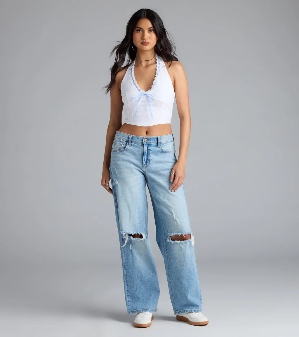 Undeniable Charm Gingham Ribbon Halter Crop Top
