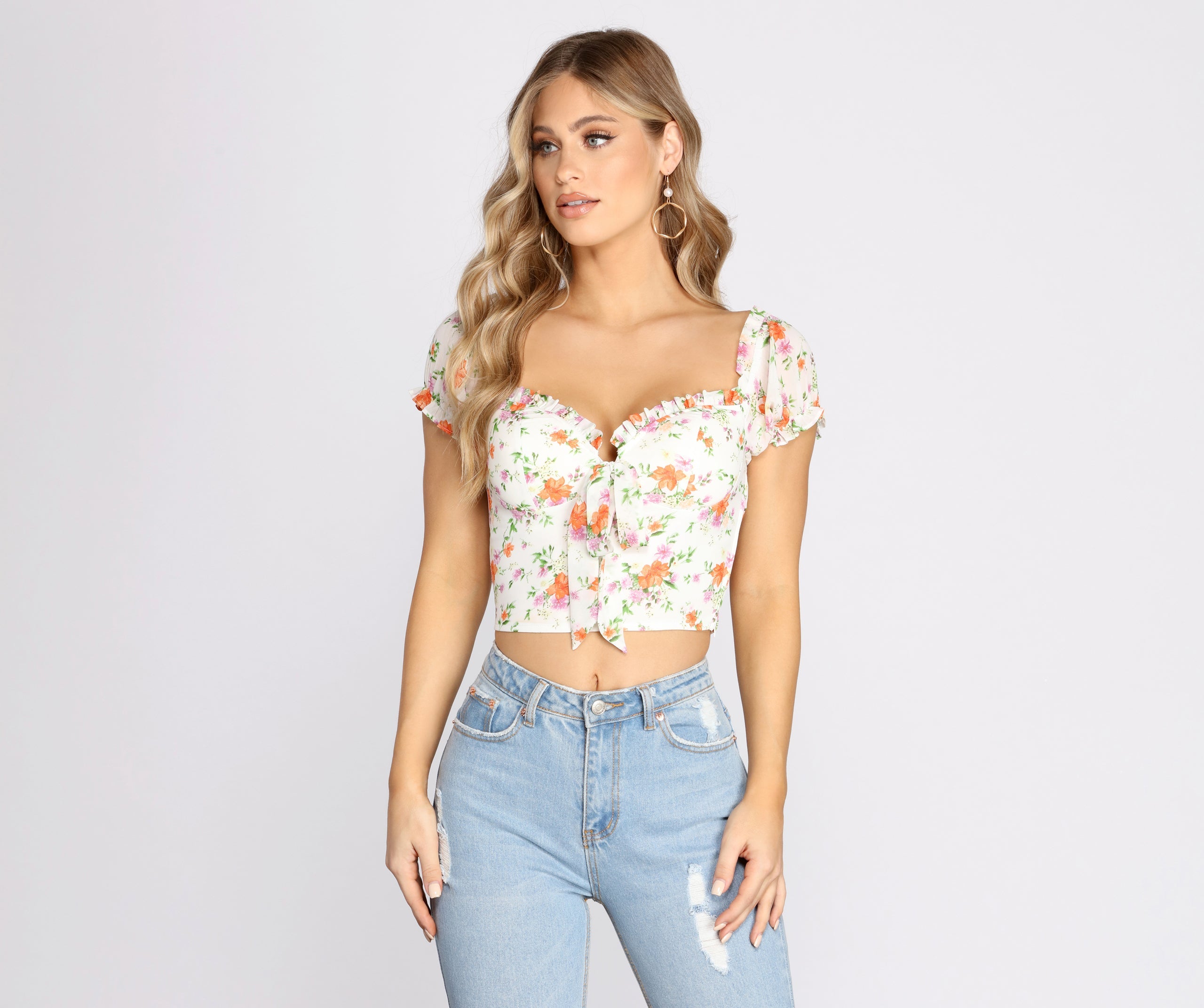 Flower Move Tie Front Off Shoulder Crop Top