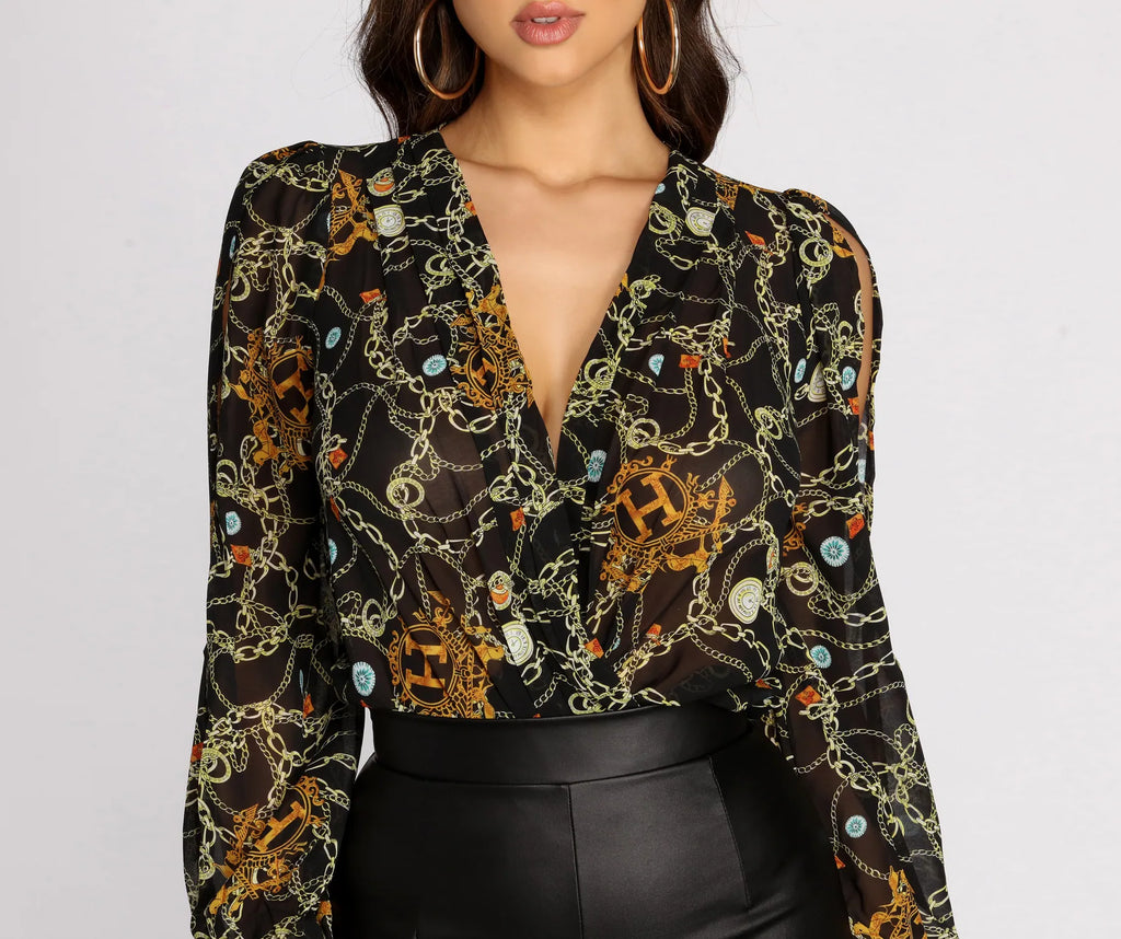 Time For Change Chain Print Wrap Bodysuit
