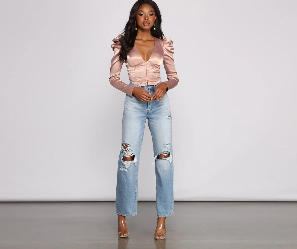 Chic Satin Puff Shoulder Corset Top