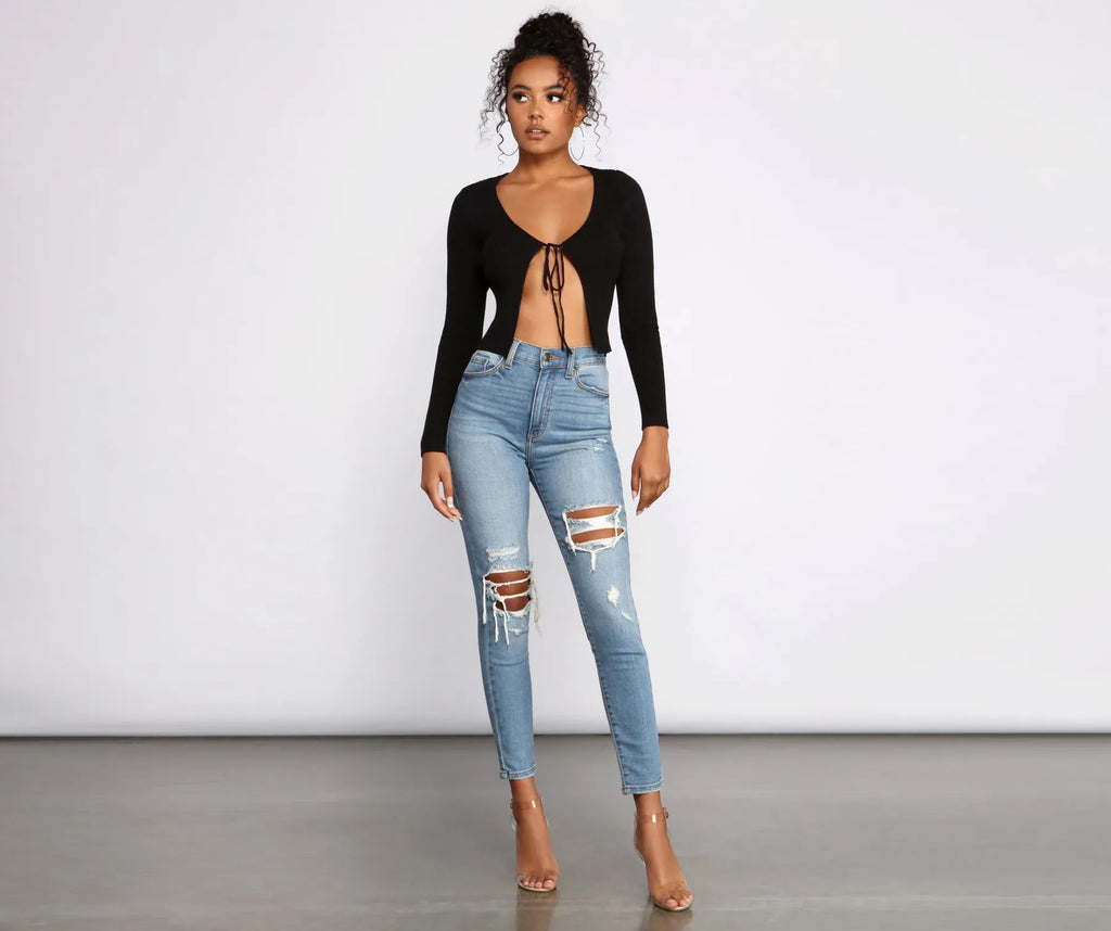 Basic Ribbed Knit Tie-Front Cardigan