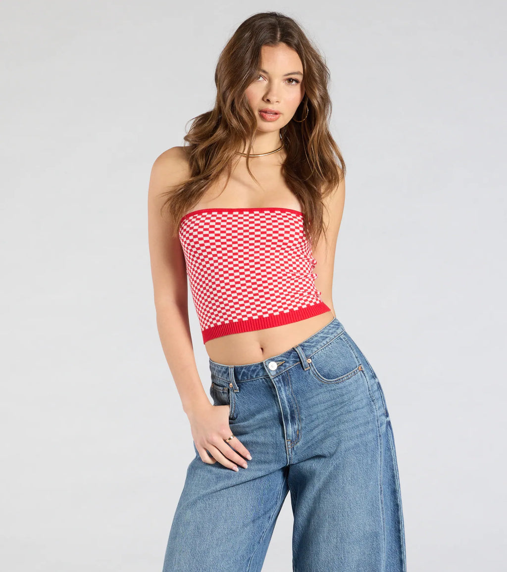 Race To The Finish Strapless Checkered Tube Top