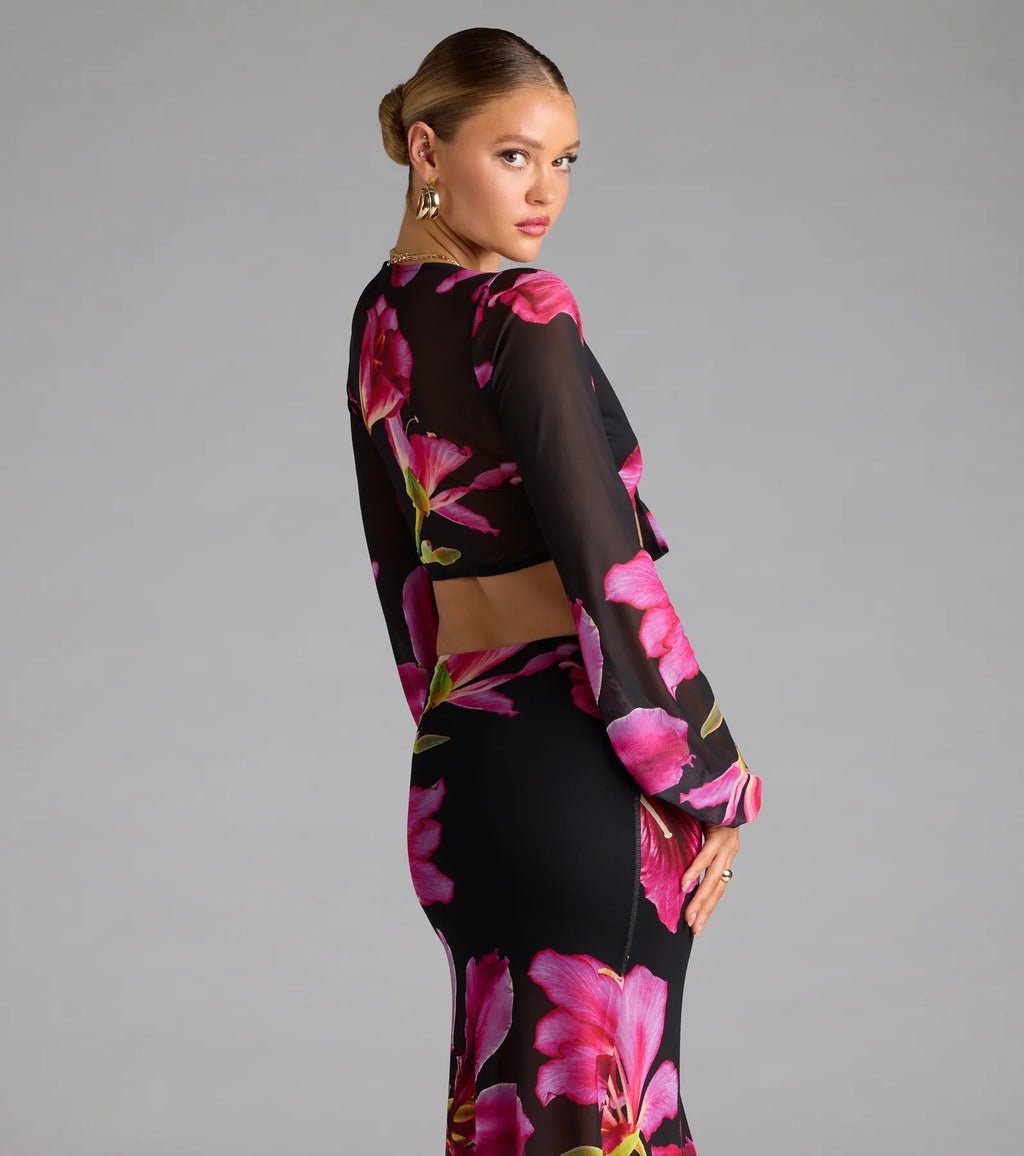 Vacay Queen Tropical Floral Mesh Tie-Front Top