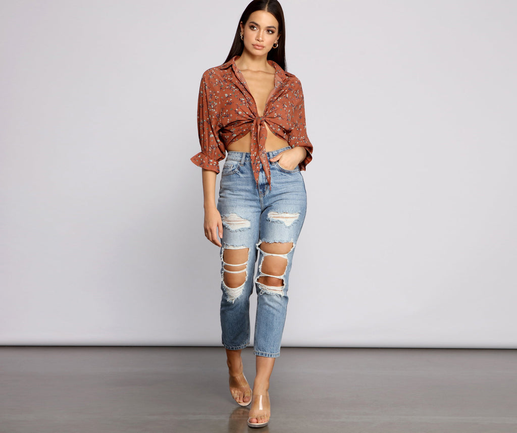 Floral Charm Tie Front Top